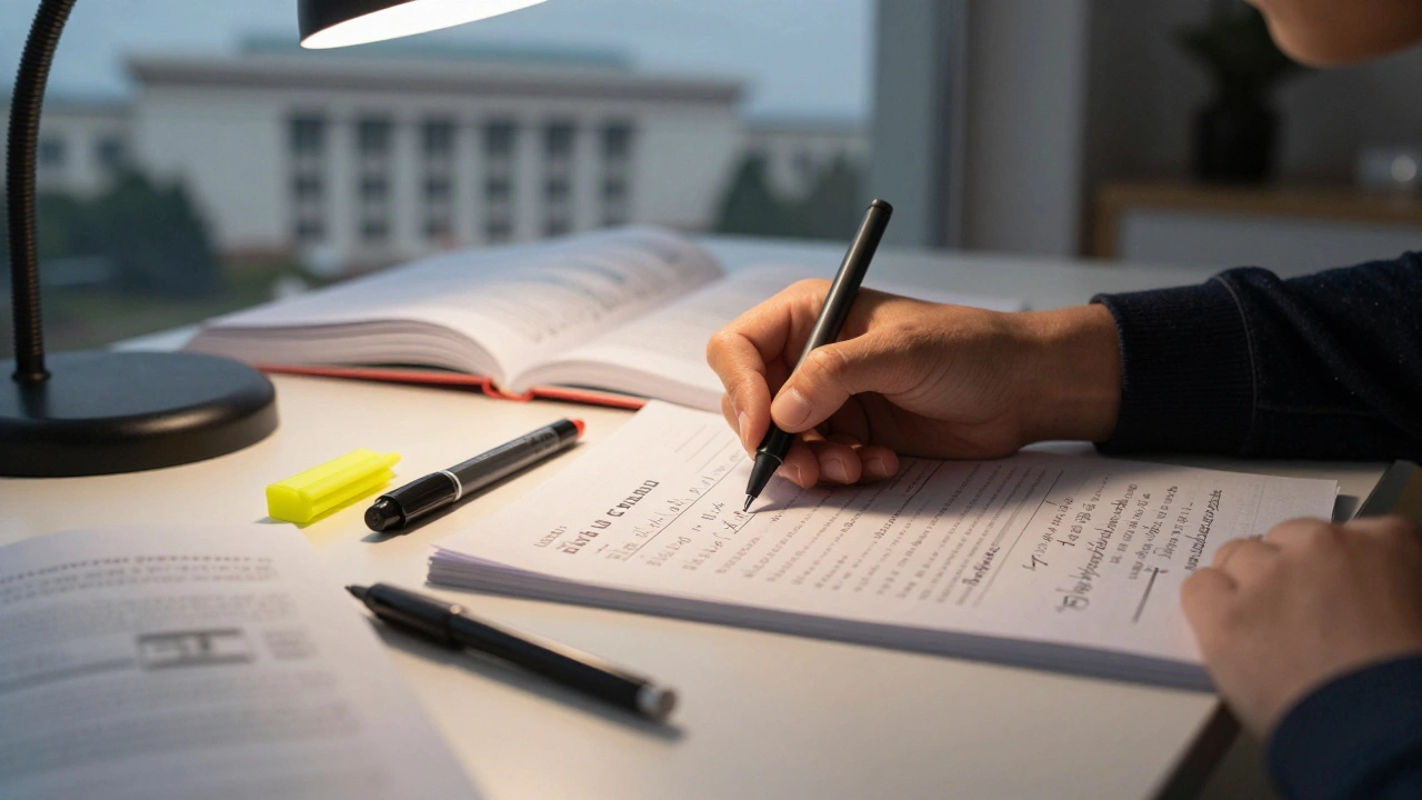 Study materials and textbooks on a desk for a civil service competitive exam.