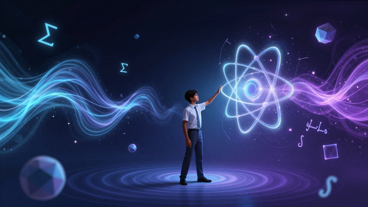 Abstract visualization of physics concepts surrounding a student