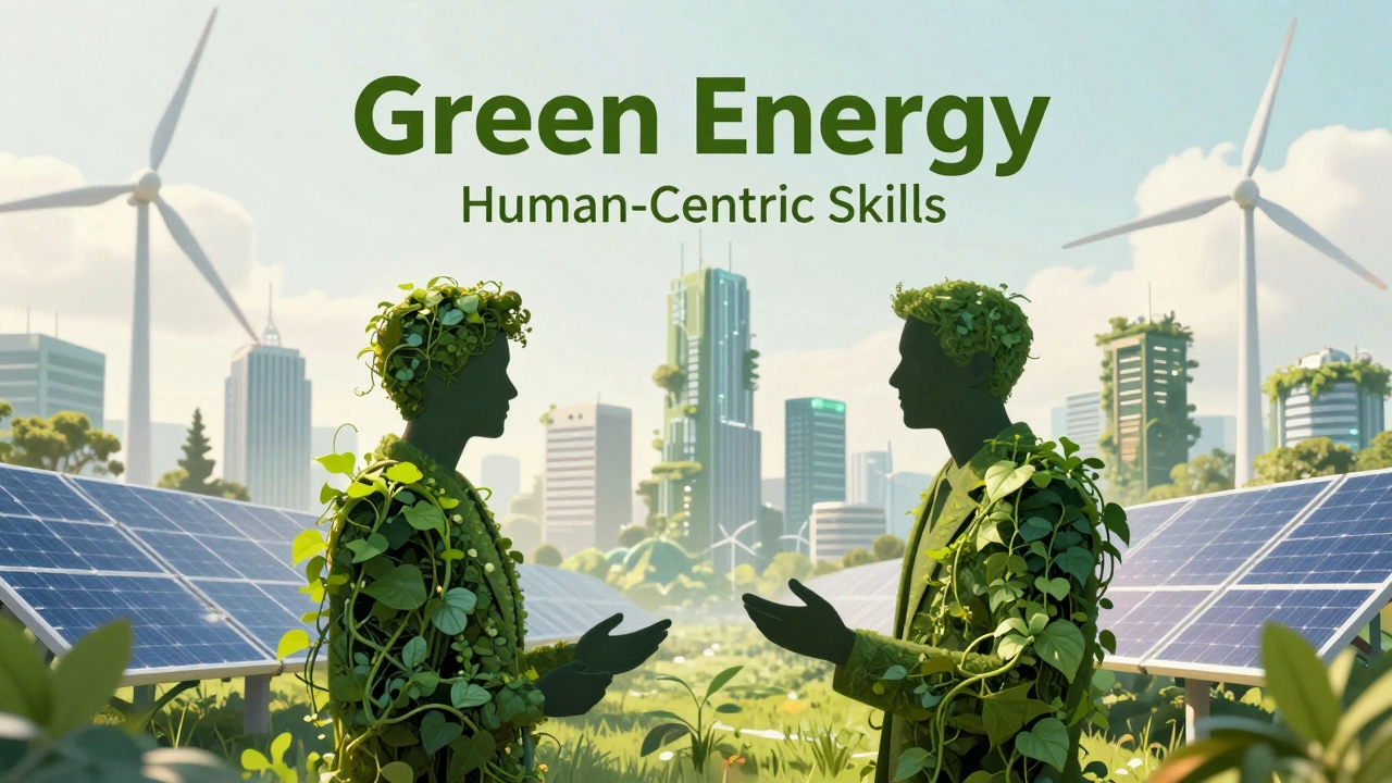 Artistic blend of green energy infrastructure and human collaboration concepts.