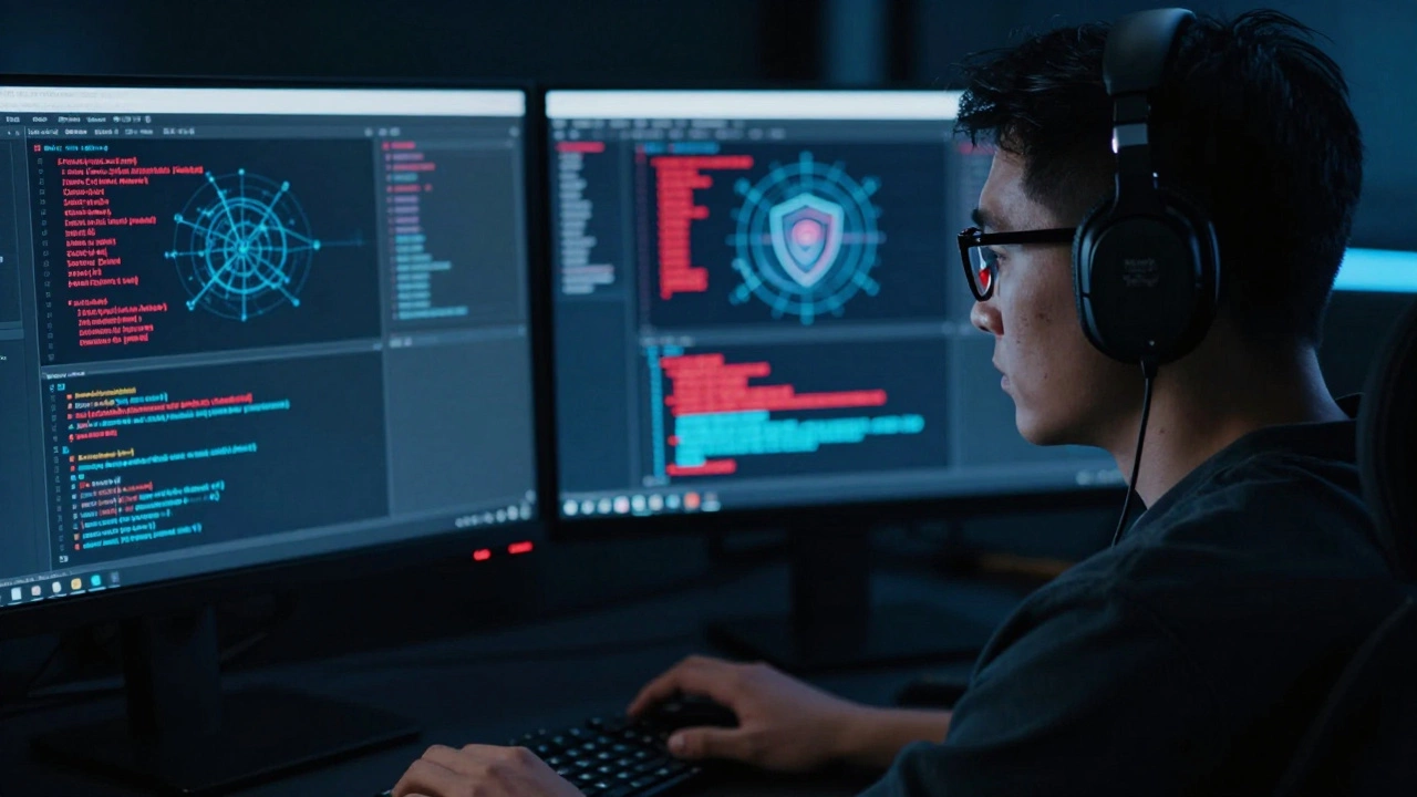 Close-up of a cybersecurity analyst monitoring network defenses on glowing screens.