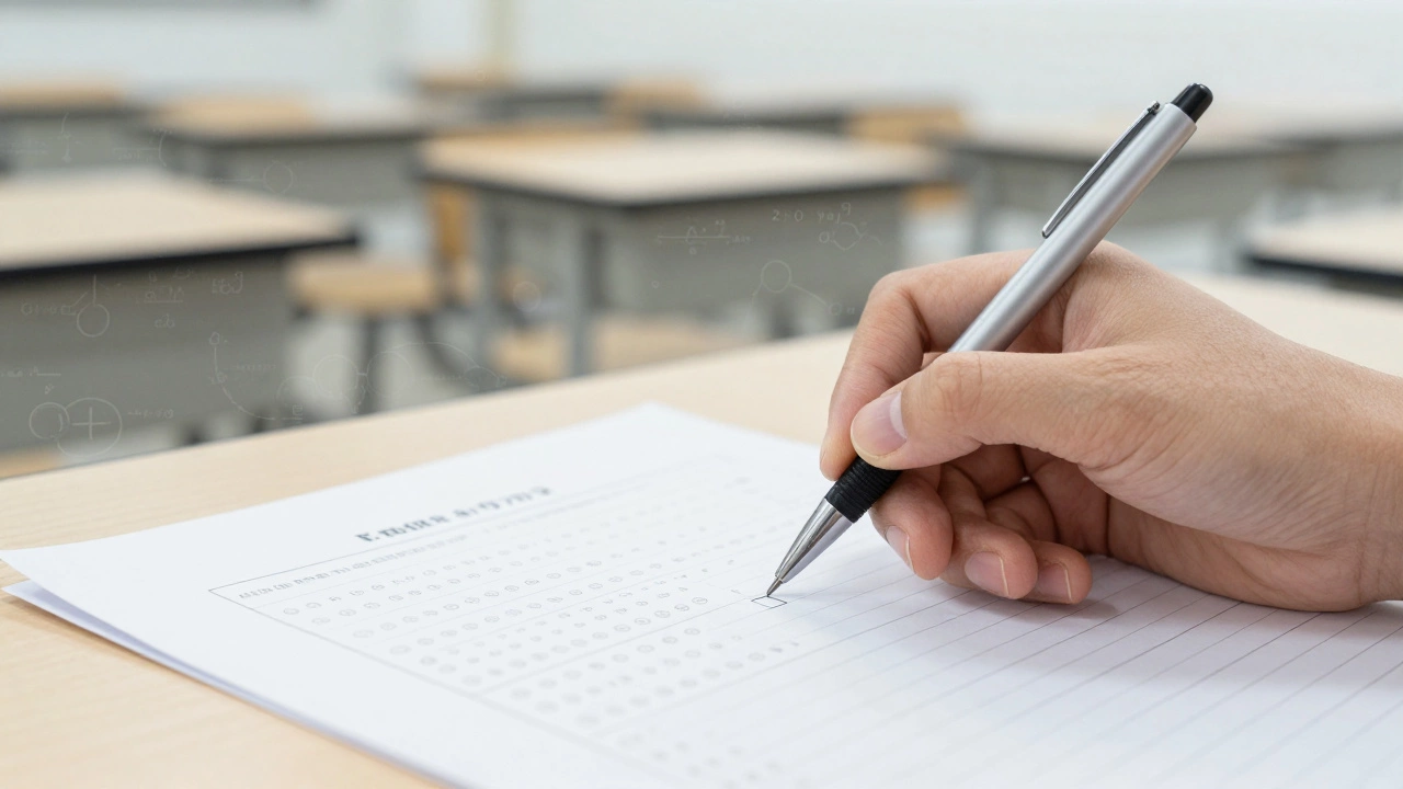 Close-up of a hand marking an OMR sheet in a quiet exam setting