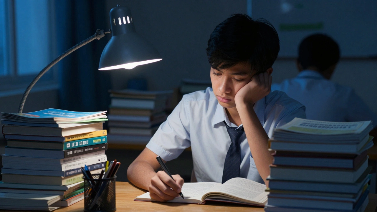 Determined student surrounded by books under a lamp
