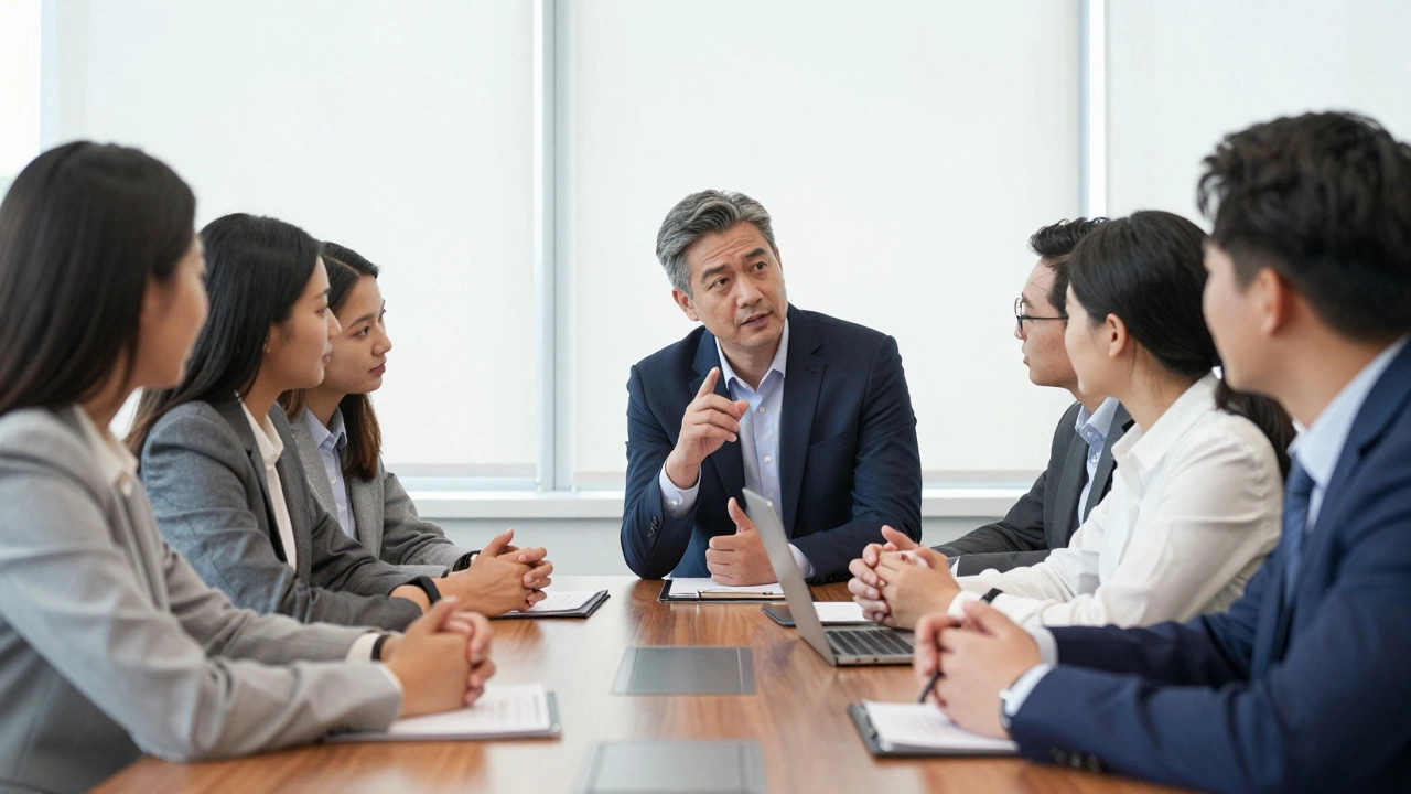Experienced leader sharing insights with younger peers in a business class
