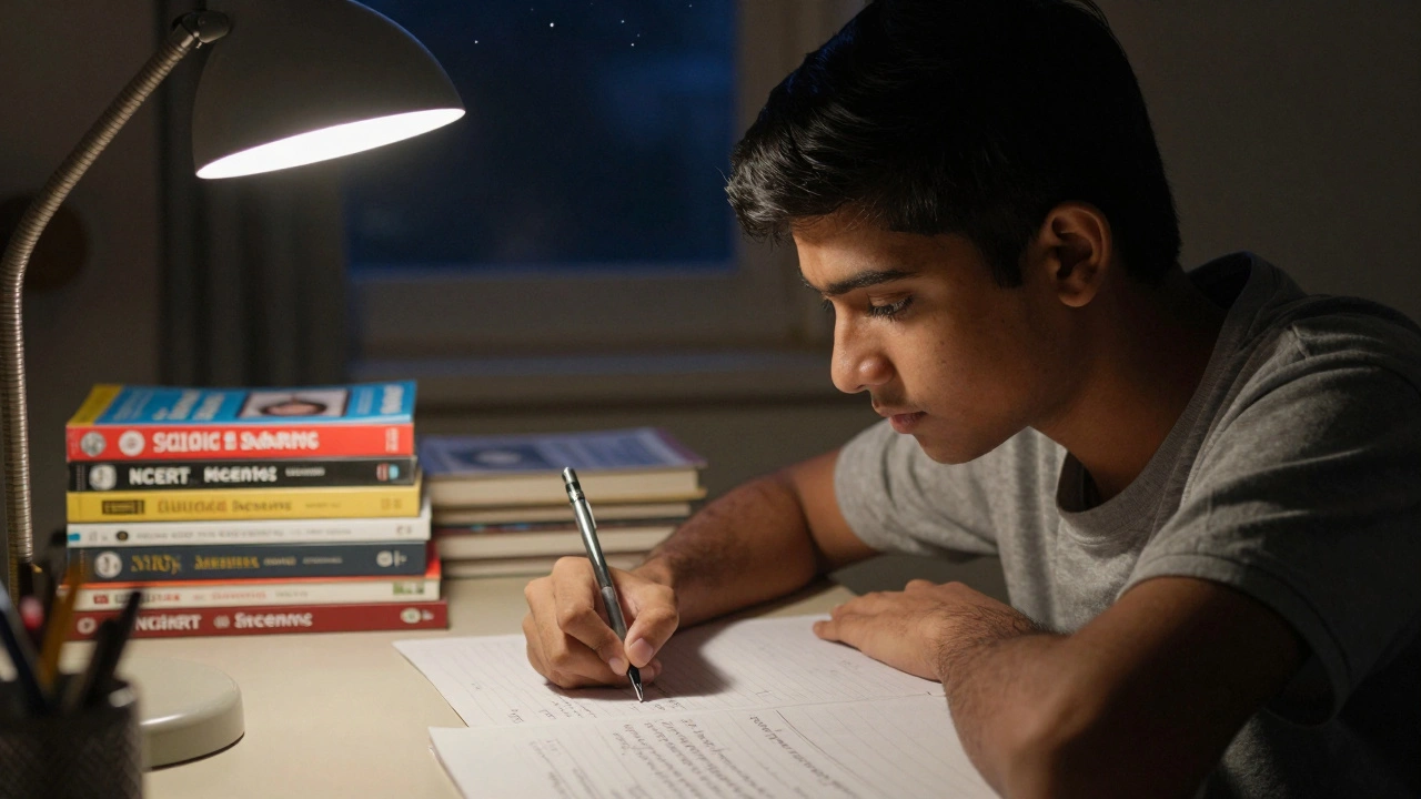 Indian student studying late at night with textbooks and notes on desk
