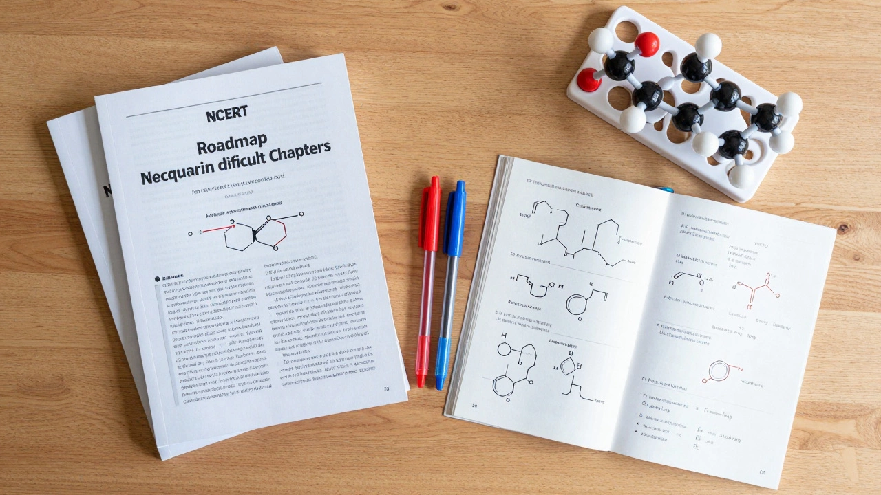 Study desk with NCERT books, color pens, and molecular models