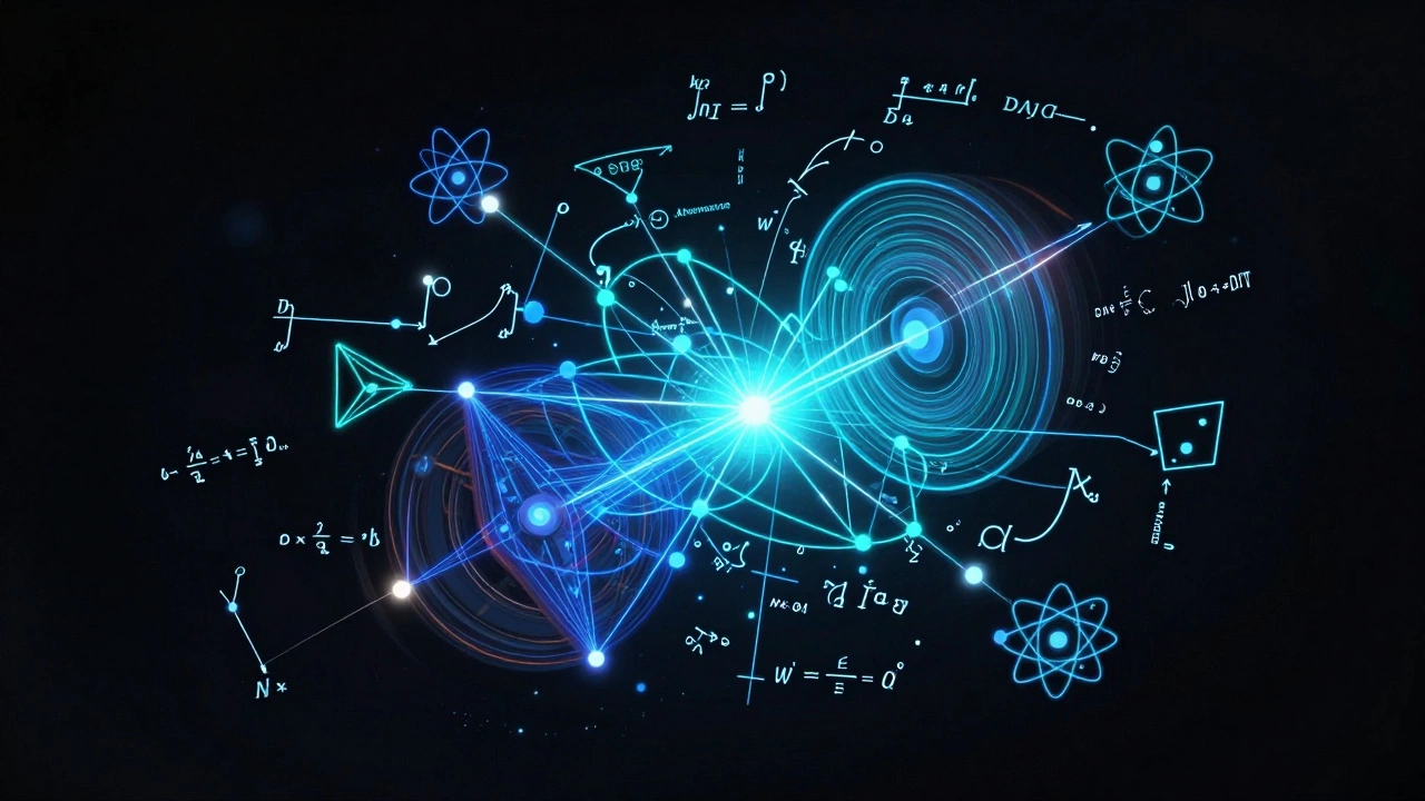 Abstract visualization of complex physics concepts and math formulas connecting