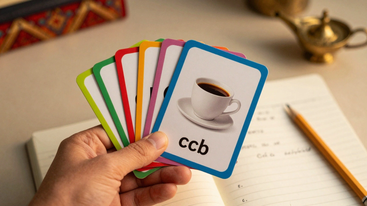 Colorful flashcards and study materials on a desk for vocabulary learning