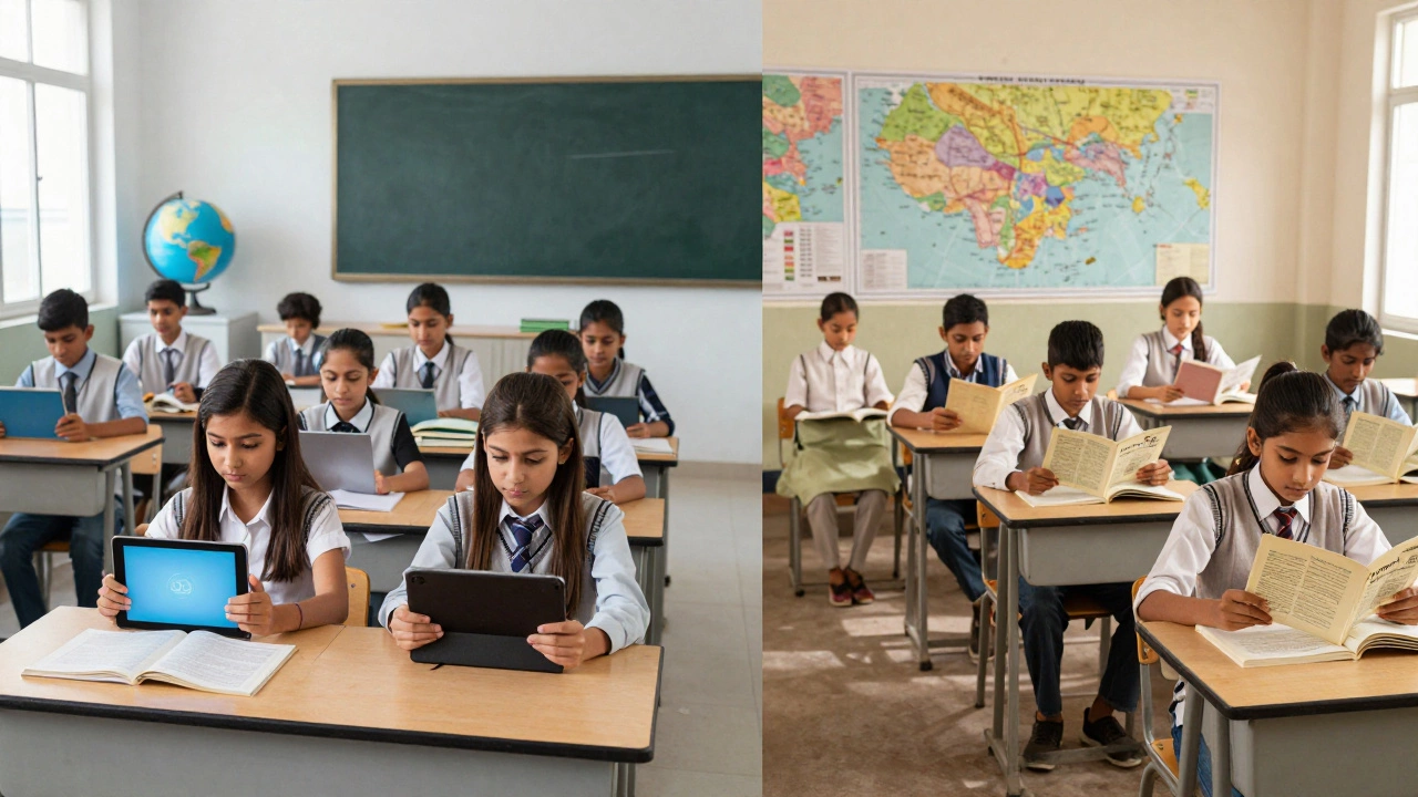 Comparison of modern CBSE class vs traditional Delhi Board school