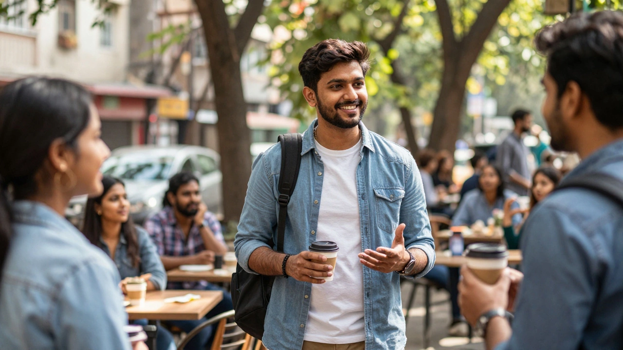 Confident Indian learner chatting casually with friends in sunny outdoor cafe