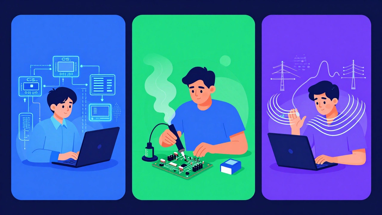 Illustration comparing coding, circuits, and electromagnetics engineering tasks.
