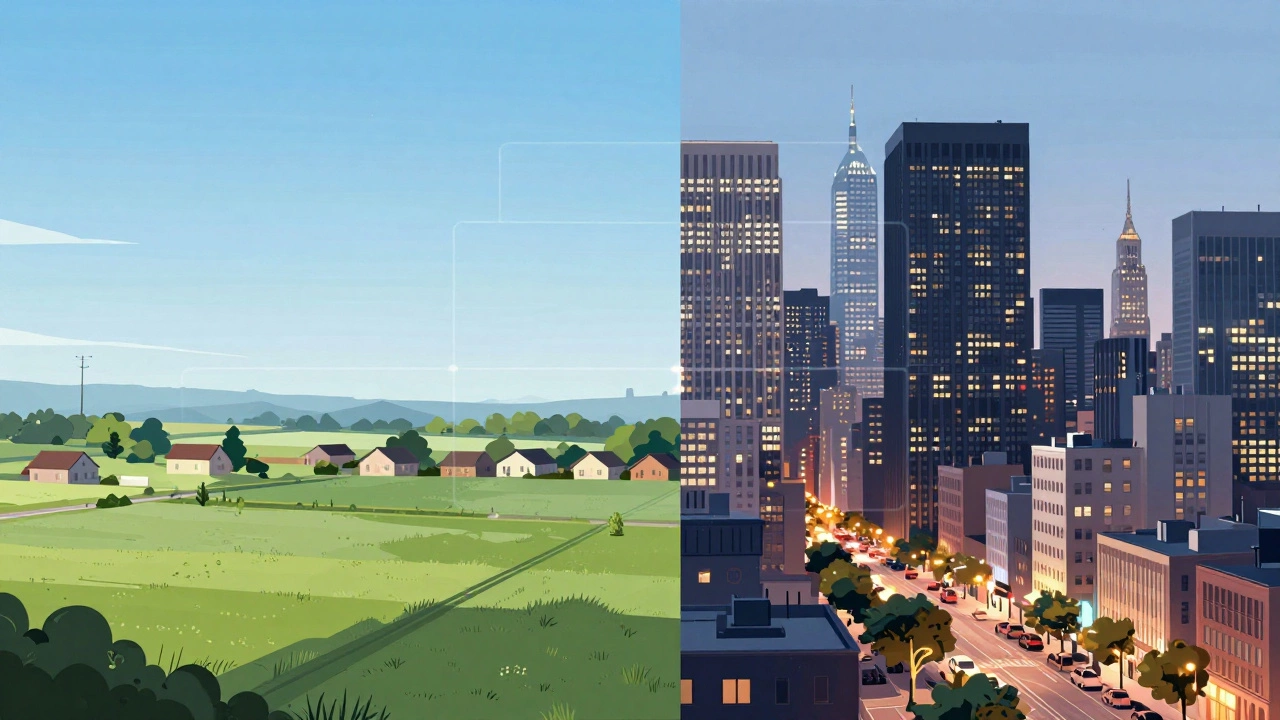 Illustration comparing rural low-cost vs urban high-cost living for federal jobs