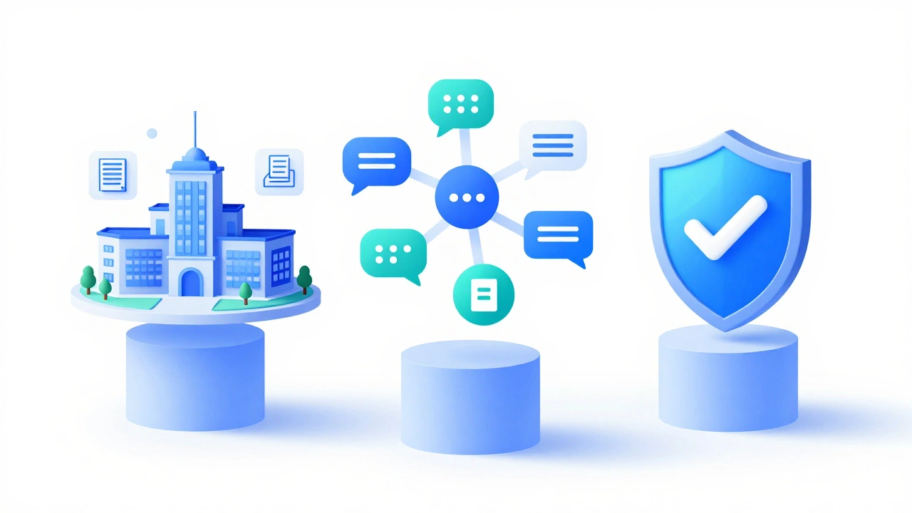 Illustration of LMS, communication tools, and assessments as pillars of online education.