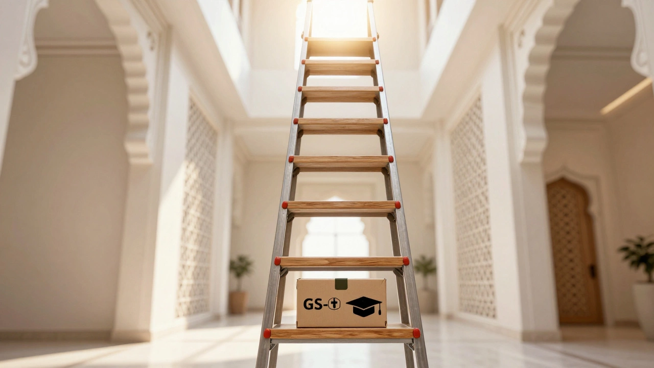 Ladder metaphor showing career progression from GS-1 with benefits icons