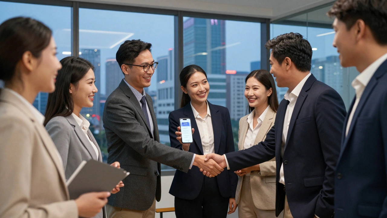 MBA graduates celebrating job offers in modern office