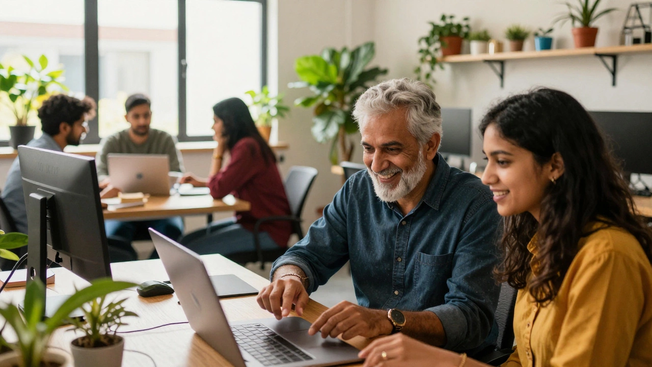 Senior developer mentoring a beginner in a sunny, collaborative workspace.