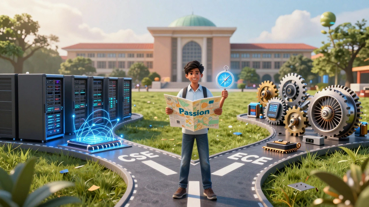Student choosing between engineering career paths in a futuristic campus.