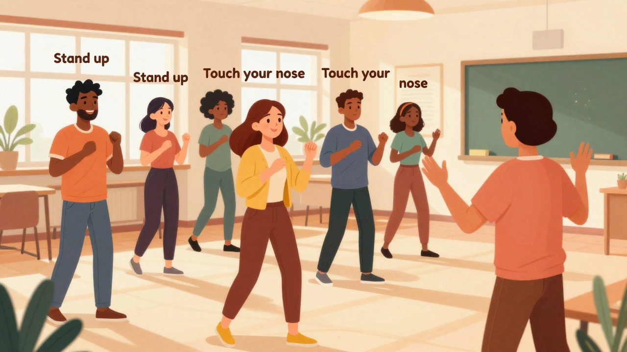 Students participating in physical response exercises during an English lesson