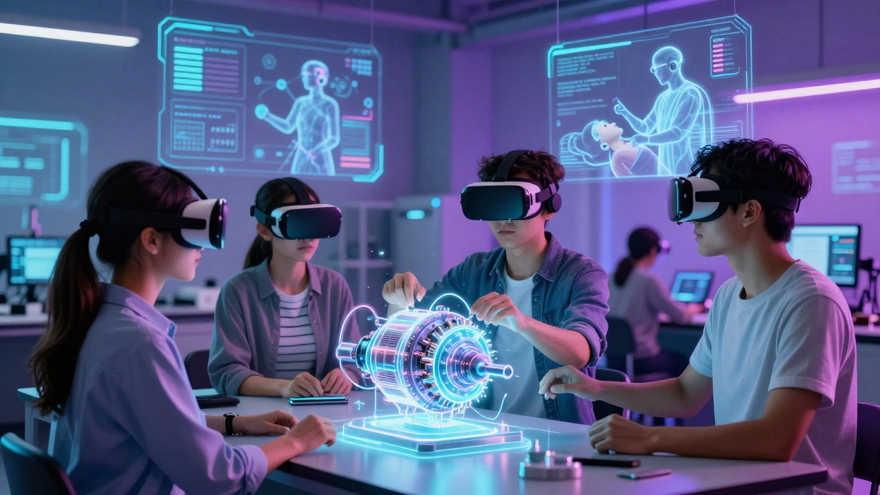 Students using VR headsets for immersive virtual lab training in engineering and medicine.