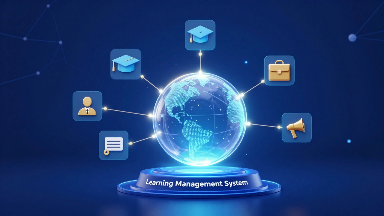 Abstract 3D illustration of a central LMS hub connecting different users