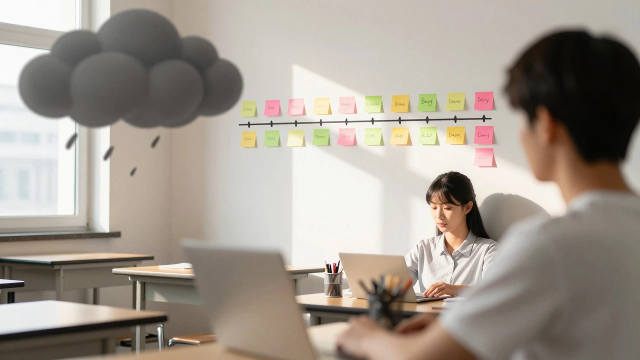 Calm student organizing study notes in a sunlit room