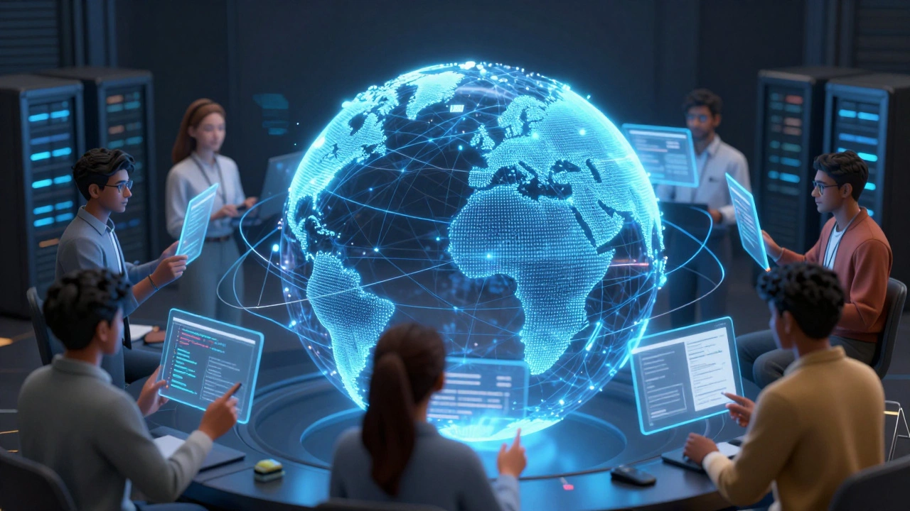 Global students collaborating digitally via holographic networks