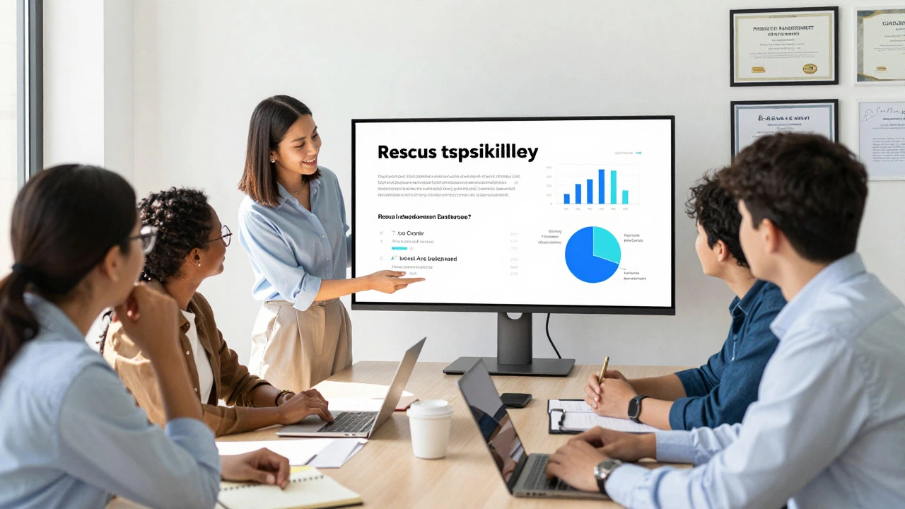Professional presenting data after upskilling in modern office