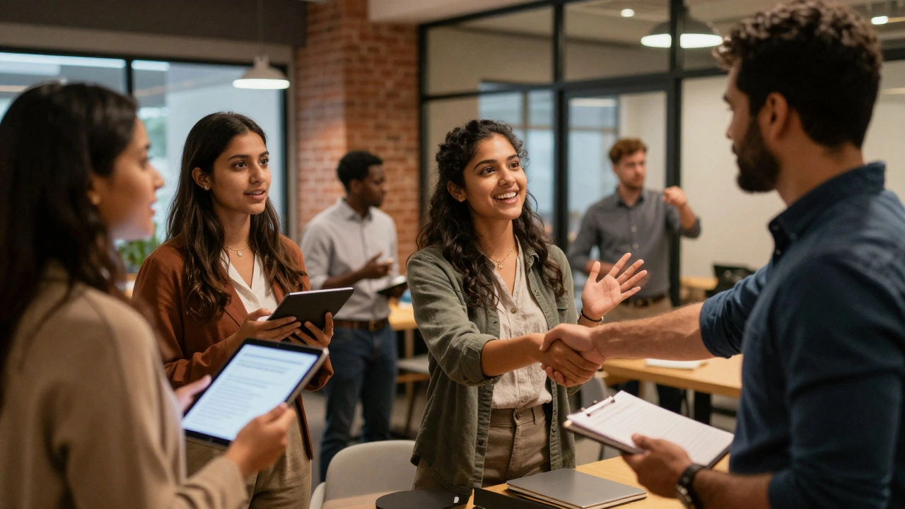 Professionals networking at a tech meetup event