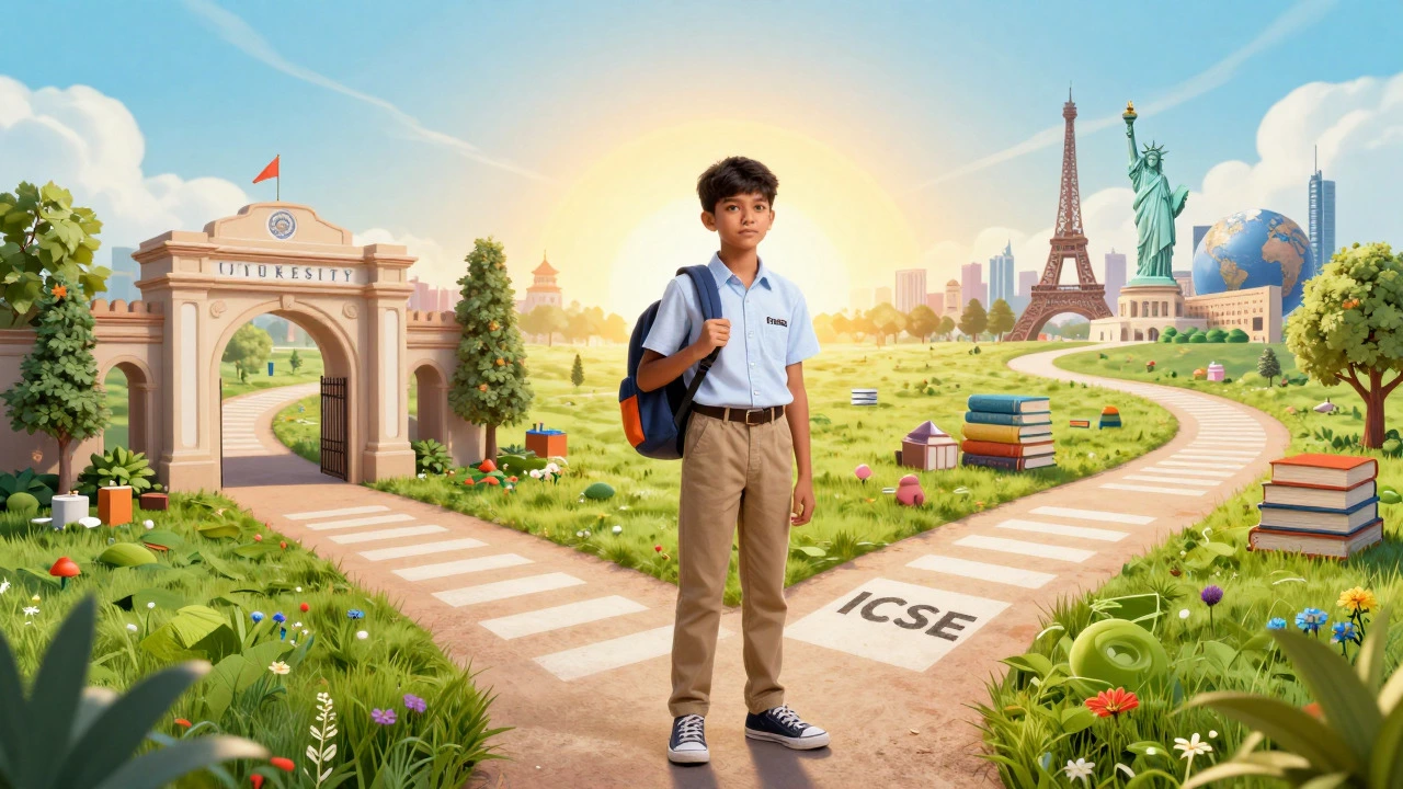 Student choosing between different educational paths leading to global futures.