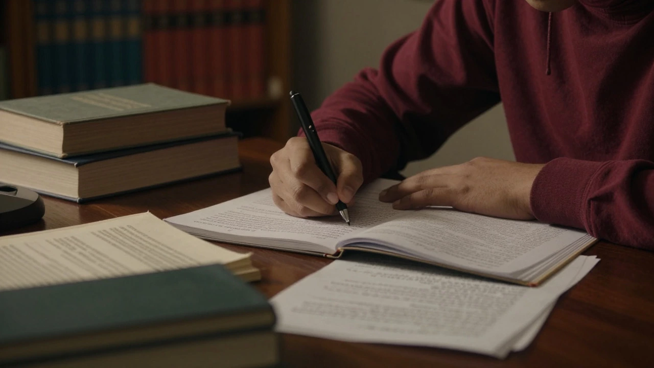 Student deeply focused on literature books and essays in a library.