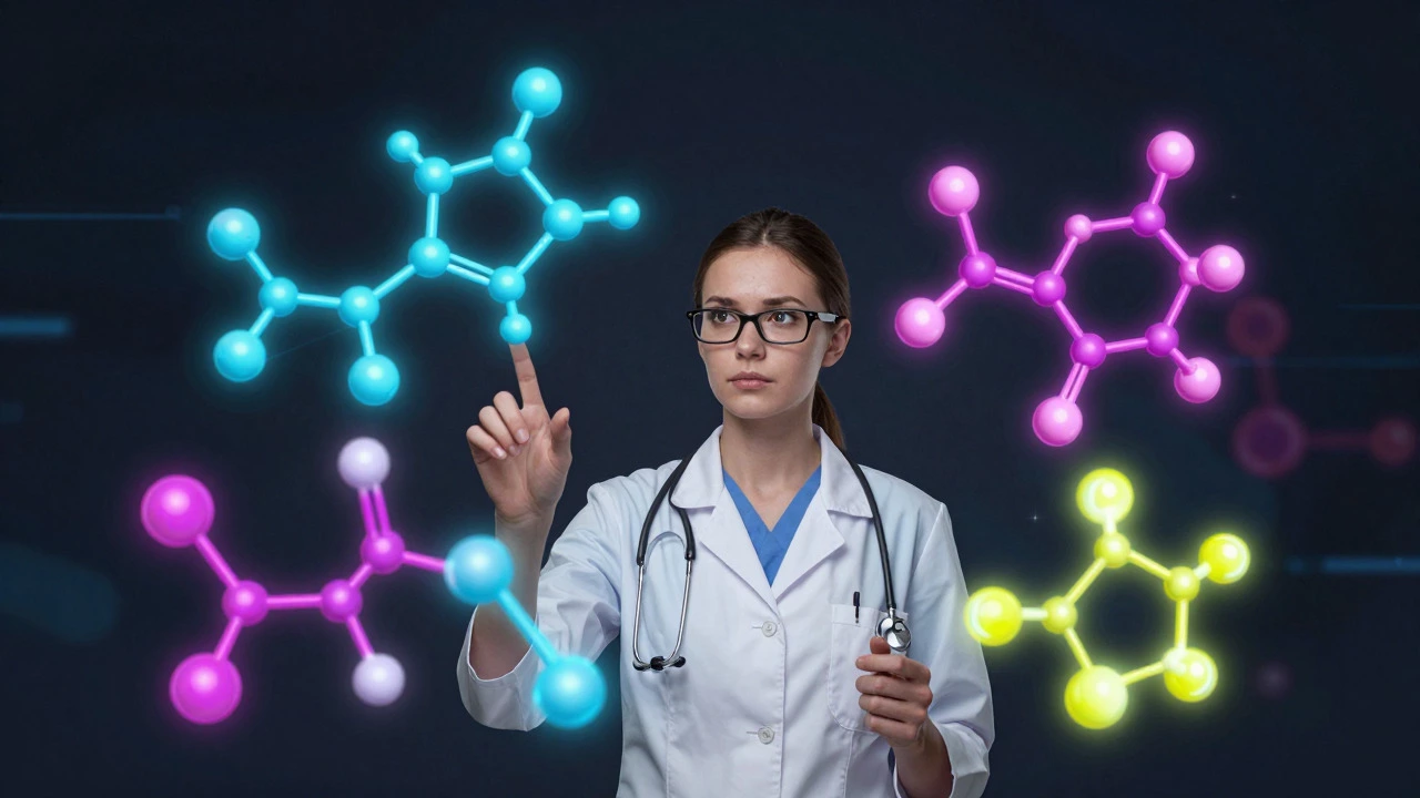 Student visualizing glowing 3D chemical molecules in air