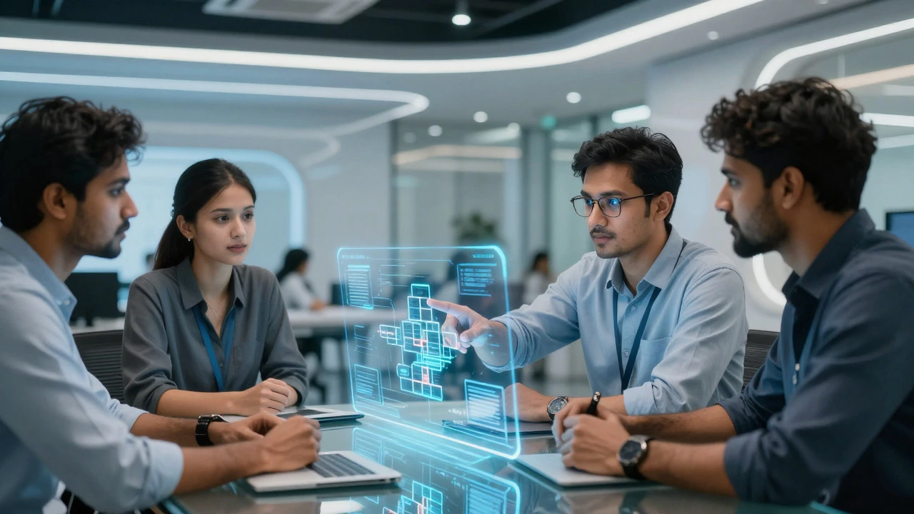 Tech team collaborating on holographic system design in office