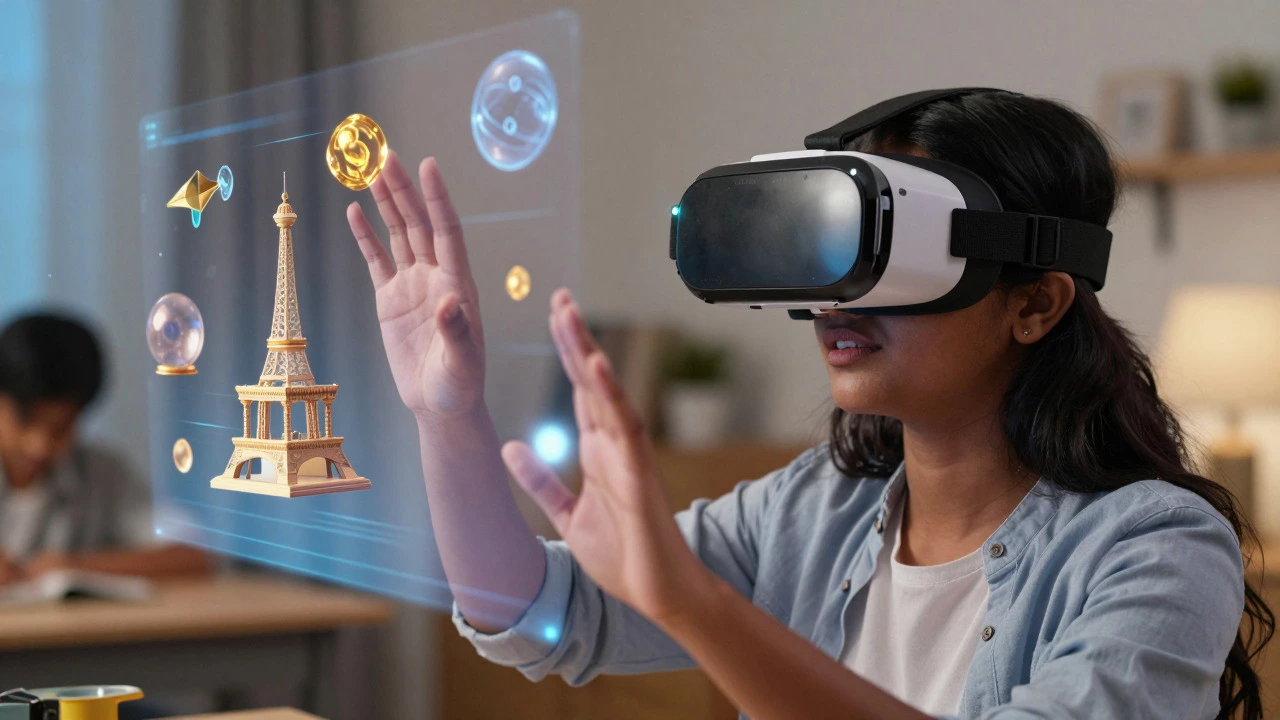 Woman using VR headset for immersive virtual reality education