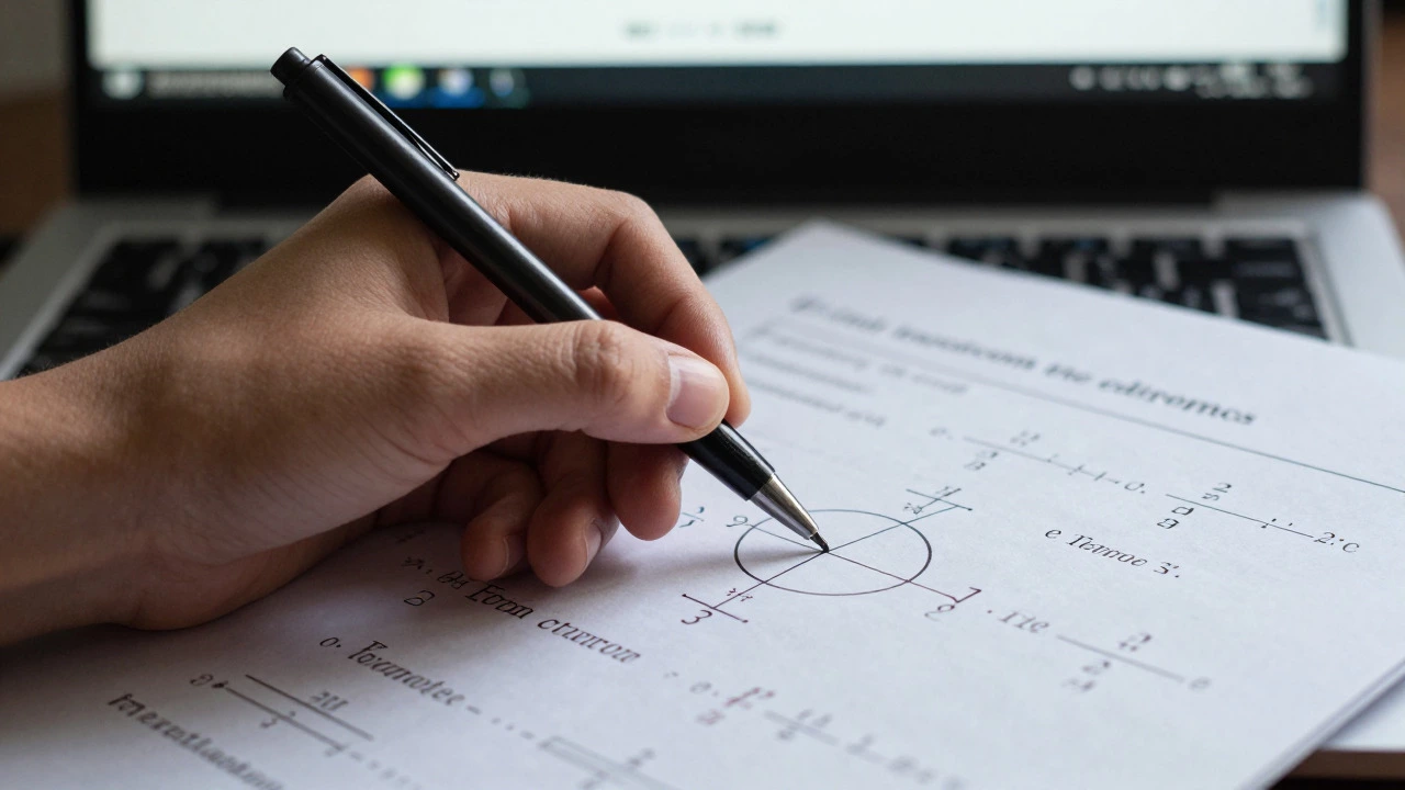 Close-up of hand solving complex physics problem under time pressure