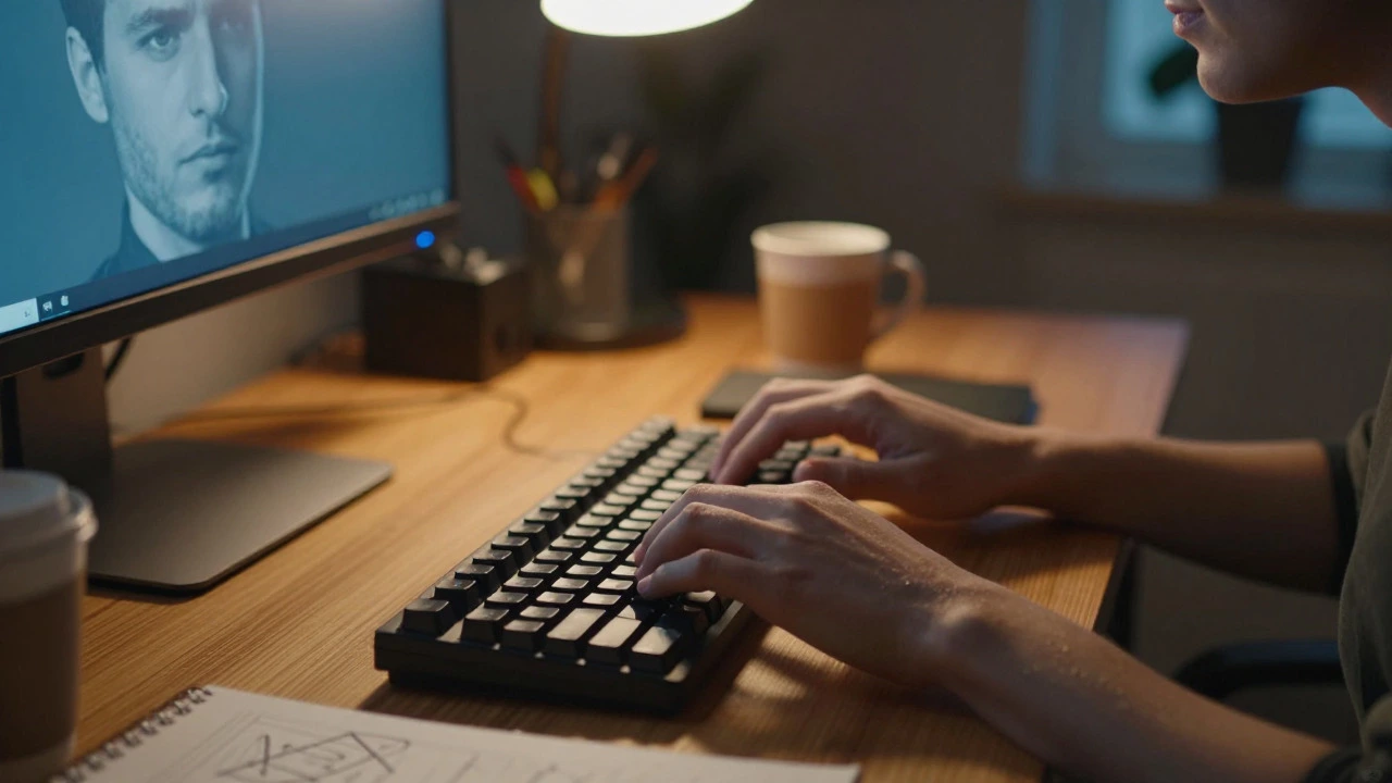Close-up of hands typing on a keyboard in a warmly lit home study setup