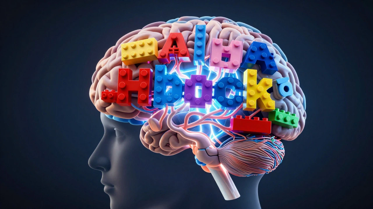 Conceptual art showing a brain using colorful block-like structures for language processing