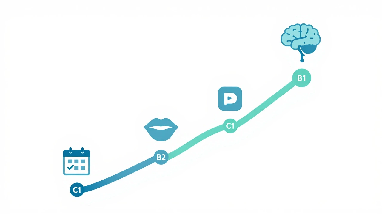 Conceptual graphic showing the timeline of language learning progress
