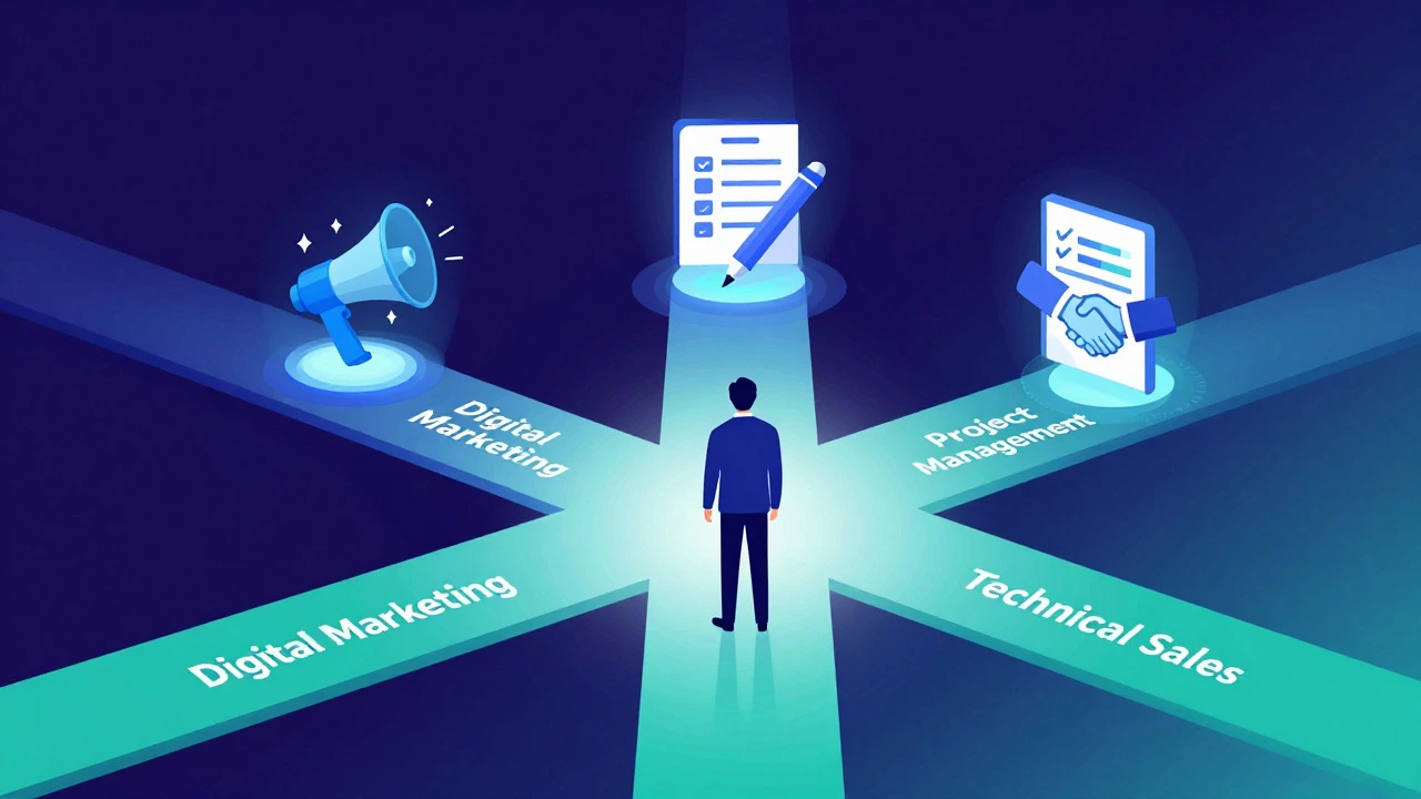 Illustration of a person choosing from five glowing career paths represented by icons