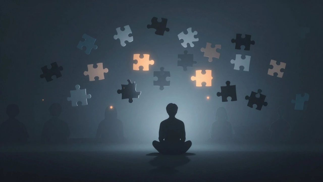 Lone learner surrounded by fragmented knowledge in void