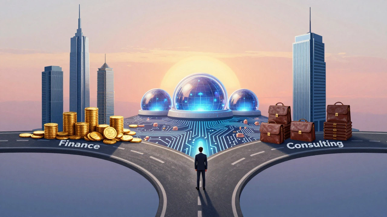MBA graduate choosing between finance, tech, and consulting paths