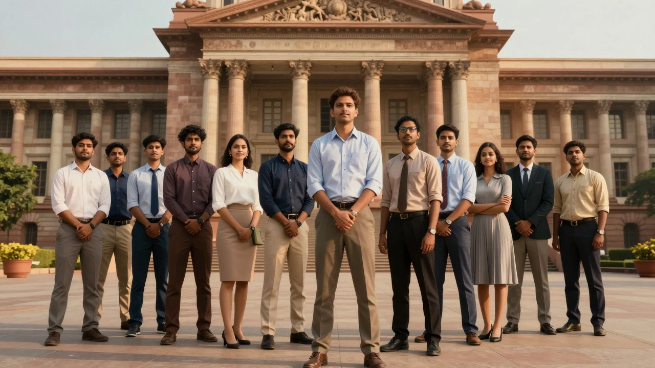 Newly hired government employees standing before an official building