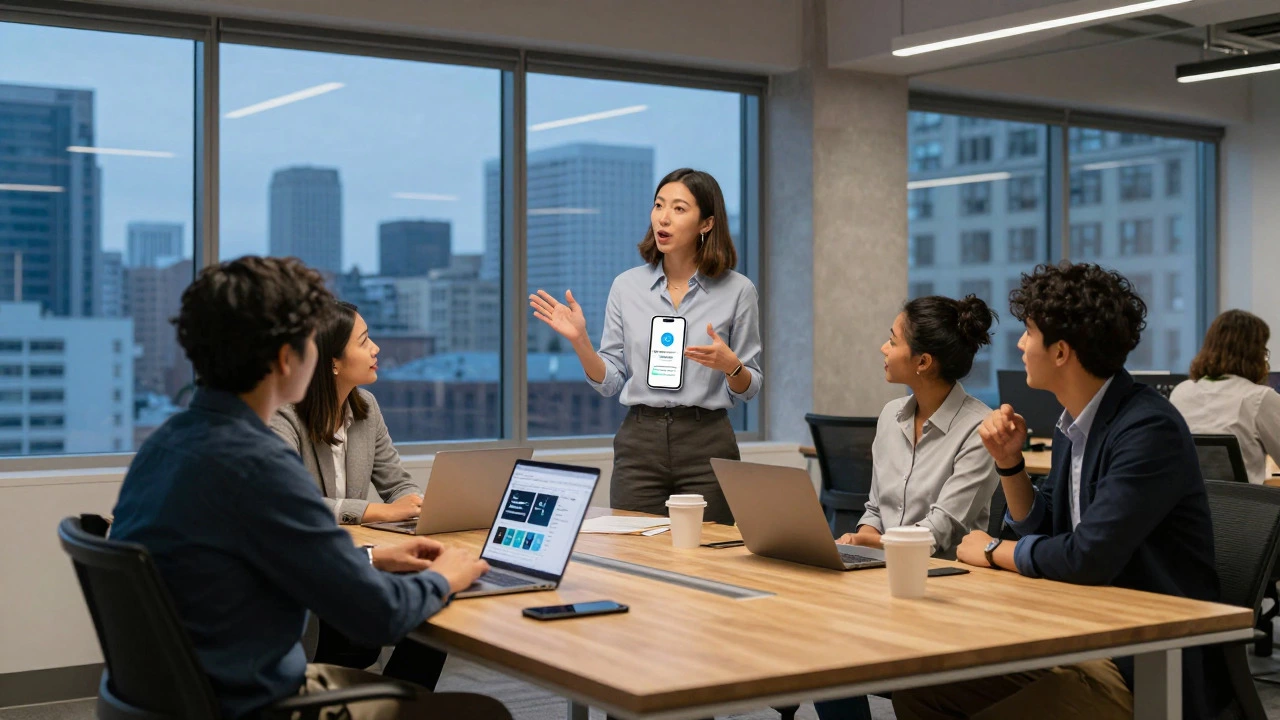 Product manager leading team meeting in modern tech office