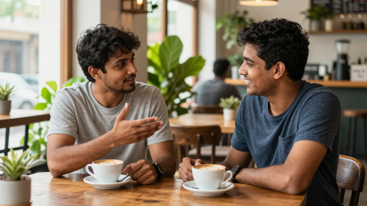 Two people having a relaxed conversation over coffee in a sunny cafe