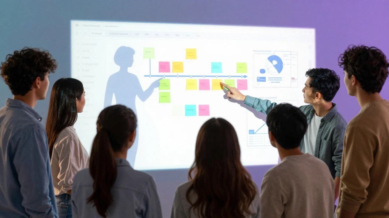 Virtual students collaborating on a digital whiteboard in a community setting