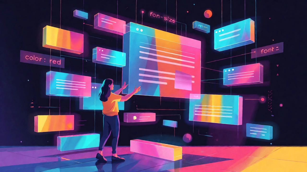 Conceptual art of HTML and CSS visual elements being arranged