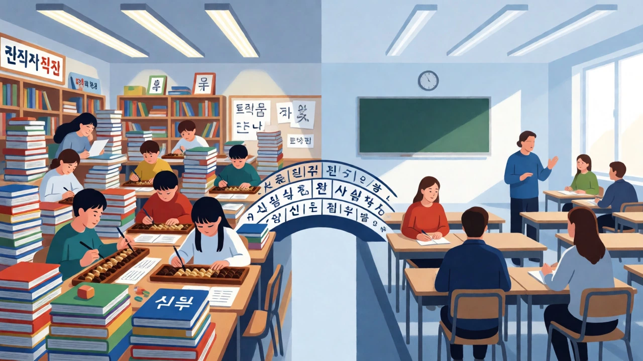 Conceptual split image contrasting rigorous Asian study habits with Finnish balance