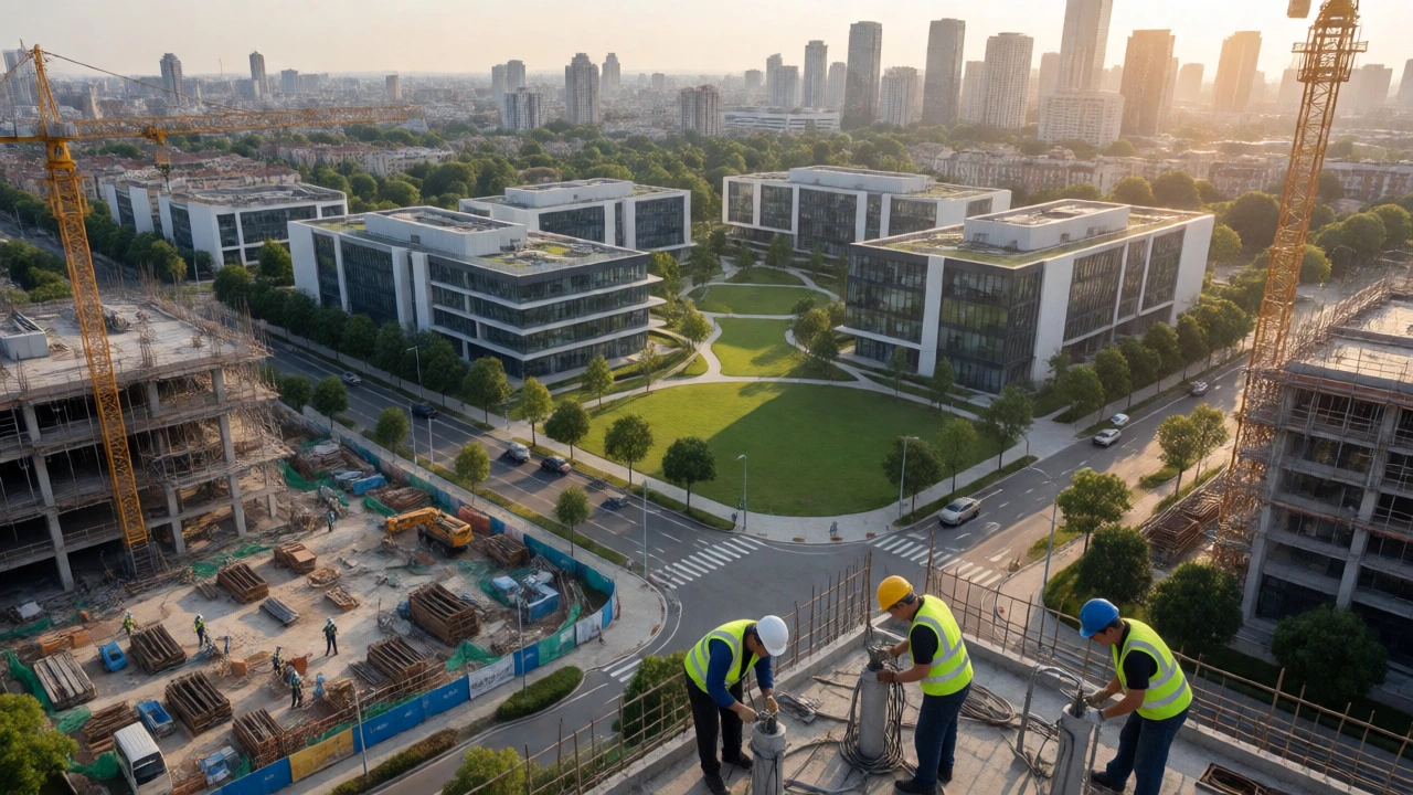 Drone view of construction workers and a technical college campus at sunset