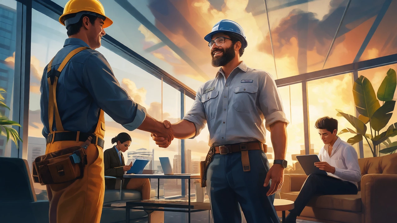 Electrician shaking hands with manager alongside remote learner