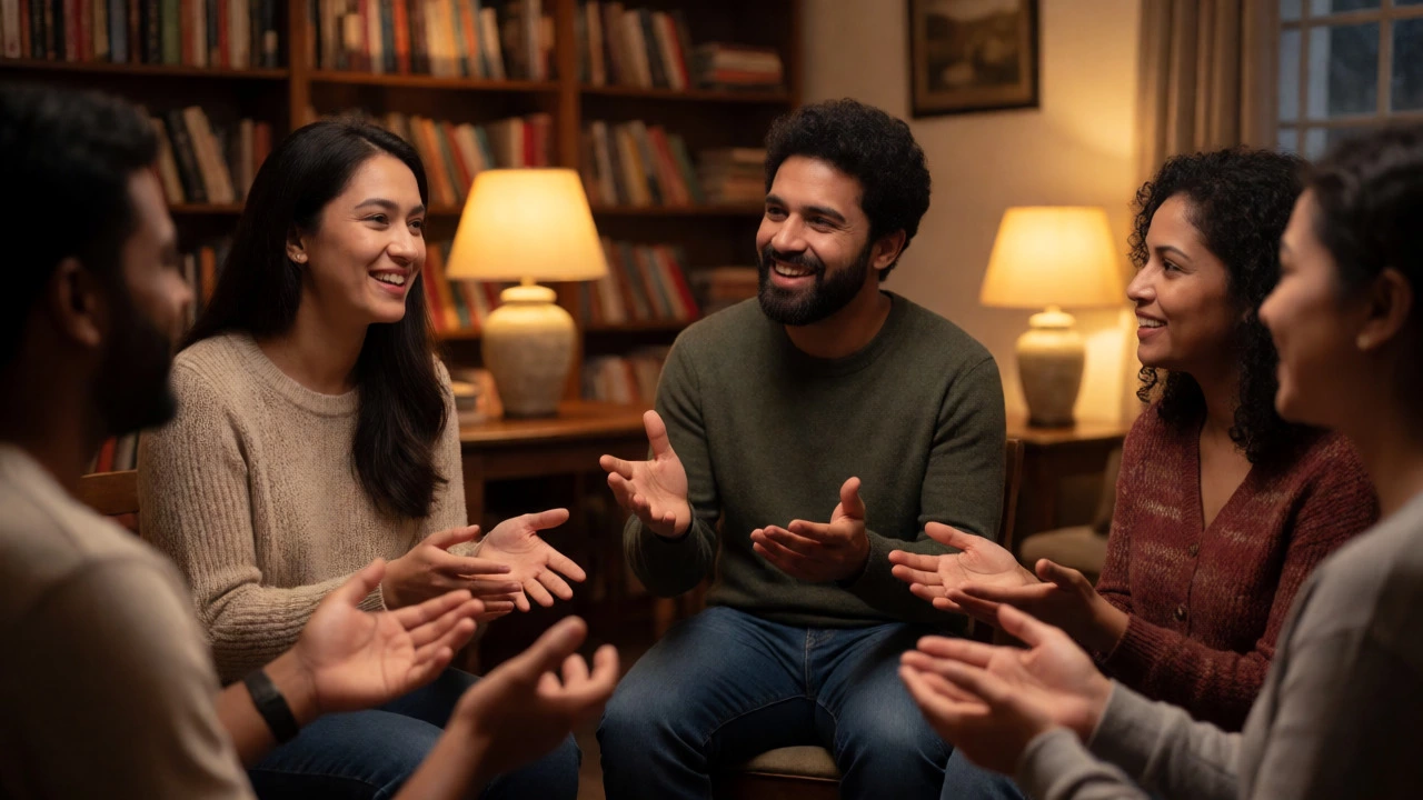 Group practicing English conversation in a cozy library setting