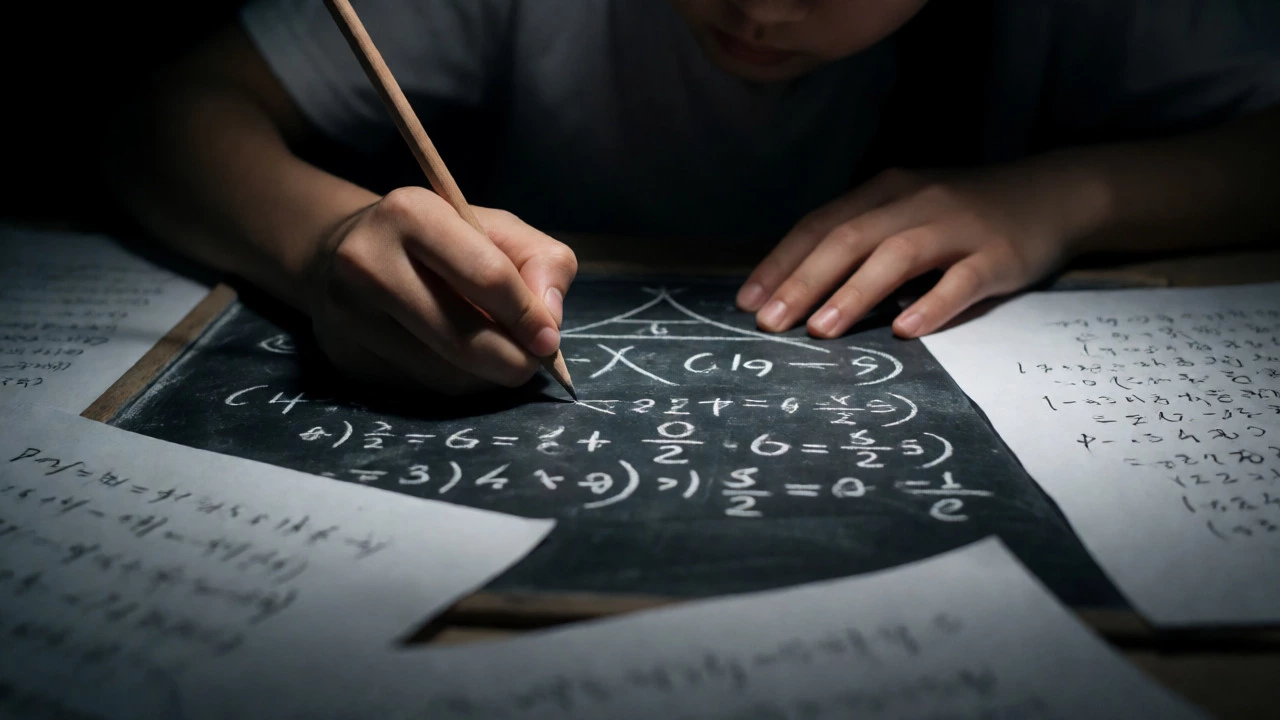 Intense close-up of a student solving complex equations during competition prep
