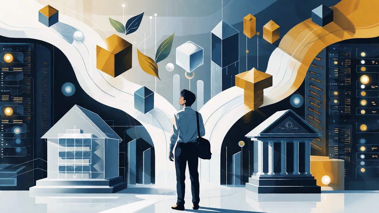 Professional standing at a crossroads in a futuristic cityscape.